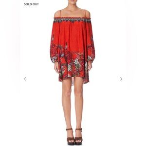 $599 New Camilla off shoulder 100% silk dress with neck tie Wondering waratah